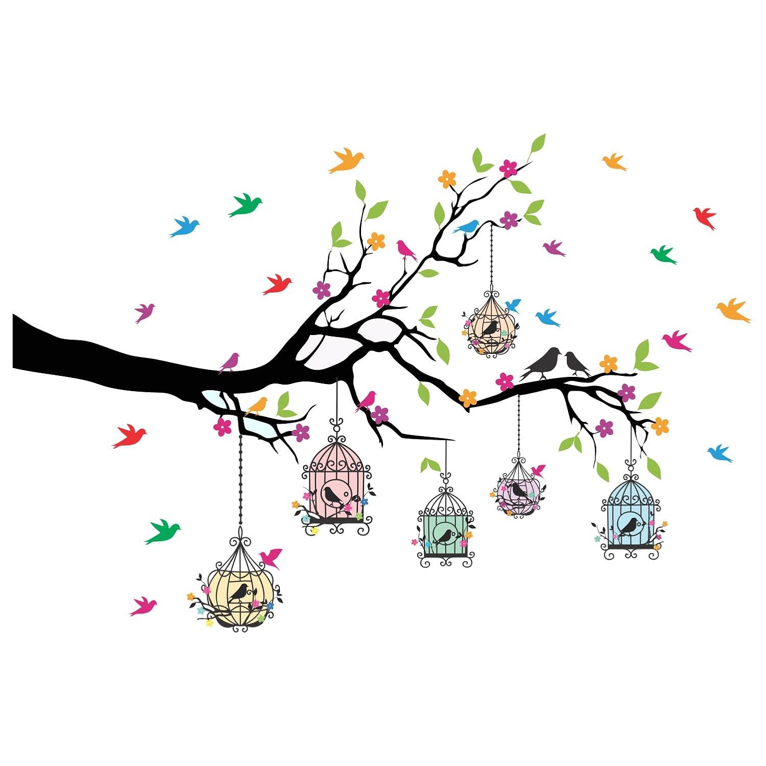 Sticker Yard PVC Vinyl Tree and Flowers Branch Leaves Self-Adhesive Wall Sticker for Home Decor/Decoration - Living Room, Bedroom, Kids Room (Multicolor, Size: 127X84 cms)