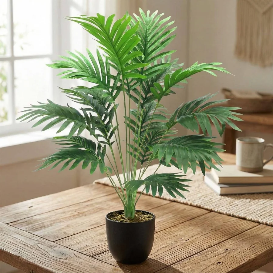 Dekorly Plastic Artificial Palm Plants Leaves Faux Turtle Leaf Fake Monstera Tropical Large Palm Tree Leaves Outdoor Leaf Decorations | 26Inch Plants with Blackpot (Areca Plant)