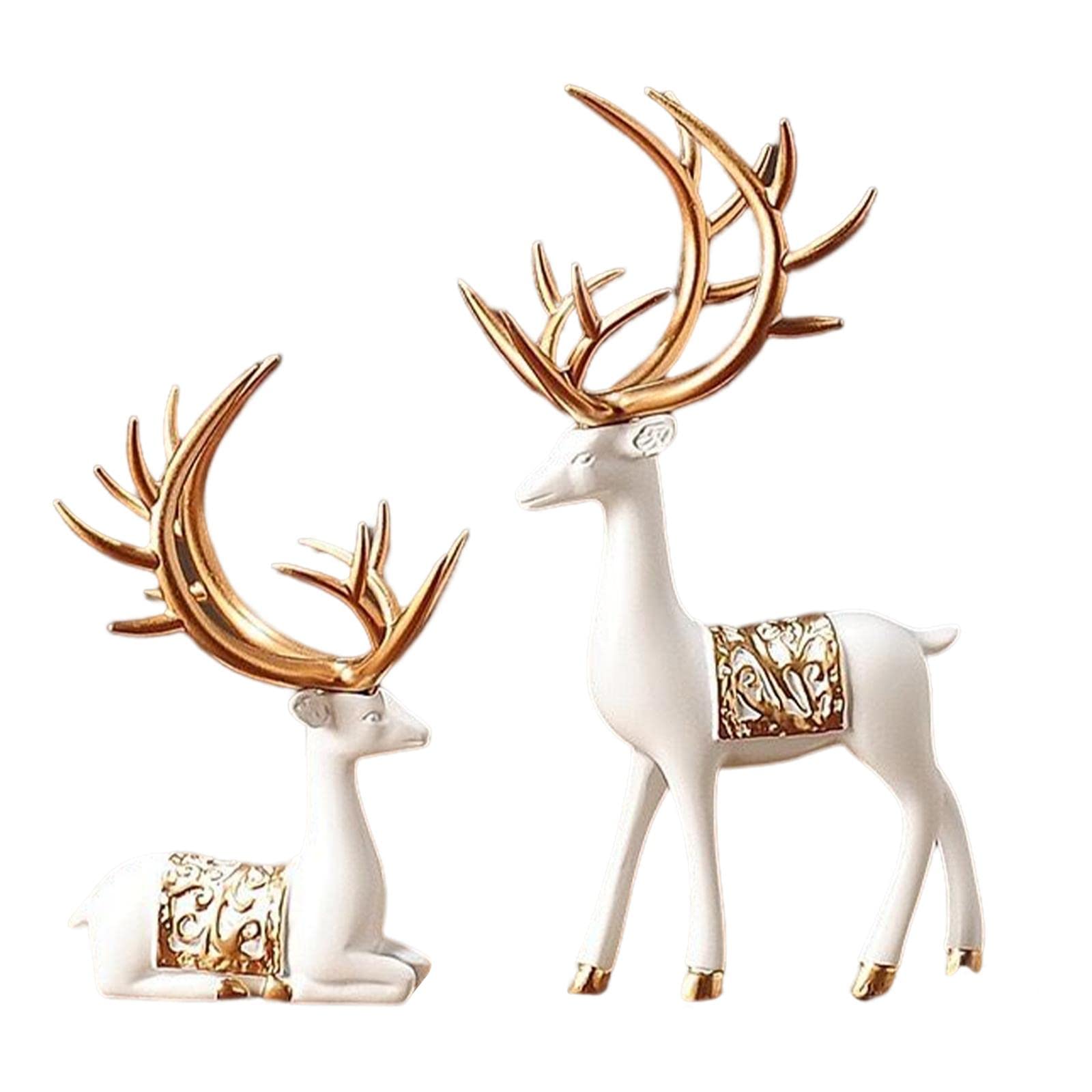 Pair of Luxury Deer Showpiece for Living Room – Handcrafted Antler Figurines | Vastu Gift, Modern Decorative Sculpture, Table Centerpiece | Home & Office Decor (White & Gold)
