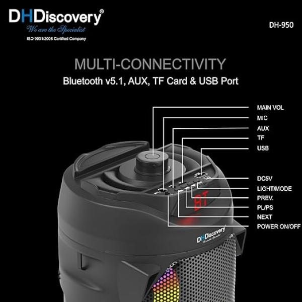 Party Speaker with MIC | 150W Bluetooth Wireless Speaker with Dual 4x2'' Woofers, FM, USB, TF Card, AUX & Wired MIC (Black)