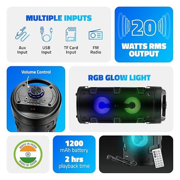 Wireless Bluetooth Portable Party Speaker with RGB Glow Lights, Wired Mic, Remote Control, FM Radio & Aux in/USB/TF Card Reader Input (20W RMS Output)