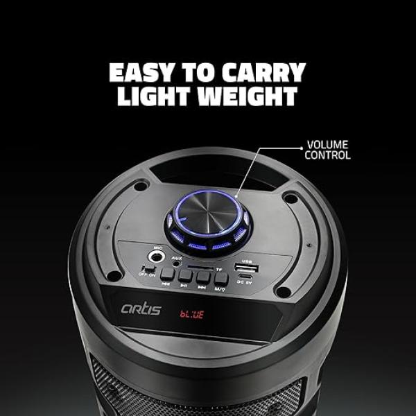 Wireless Bluetooth Portable Party Speaker with RGB Glow Lights, Wired Mic, Remote Control, FM Radio & Aux in/USB/TF Card Reader Input (20W RMS Output)