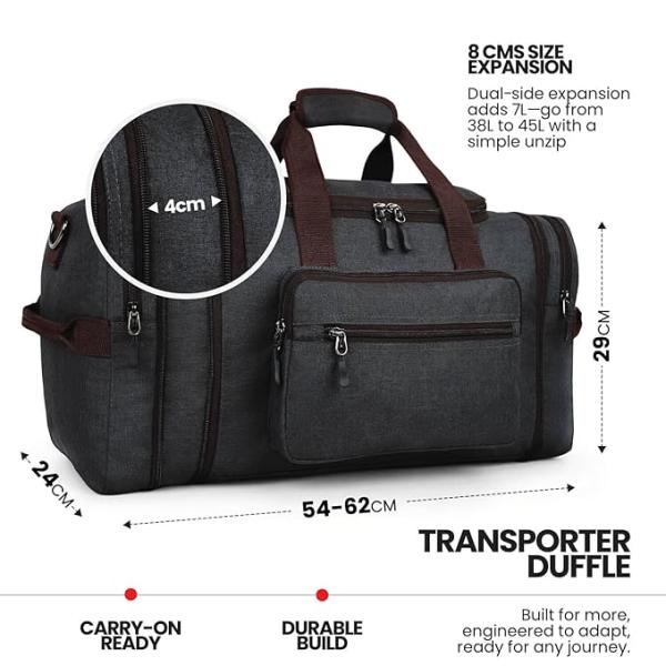 Overnight Medium Travel Duffel Polyester Bag for Men, Women - Expandable (Dark Grey, 38-45L)