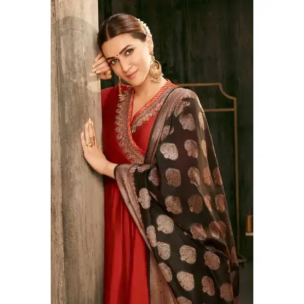 BIBA-Rust Embroidered Angrakha Festive Anarkali Suit Set