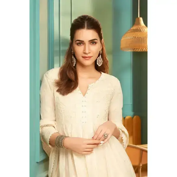 BIBA-Off-White Cotton Embroidered Flared Suit Set