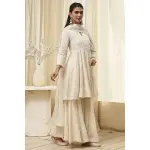 BIBA-Off-White Cotton Embroidered Flared Suit Set