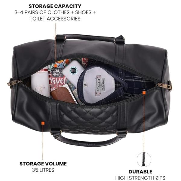 Leather Sustainable & Durable Holiday Travel Duffle Bag 30L Storage Weekender Cabin Bag Gym Bag for Men and Women (Black)