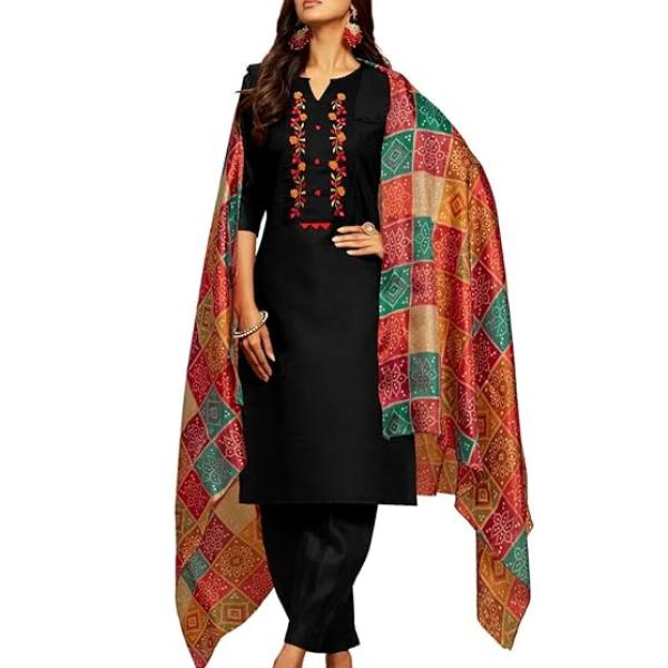 Women's Embroidered Mirror Work Cotton Straight Salwar Kurta Dupatta Set | Wedding Outfit | Ethnic Set | Outfit