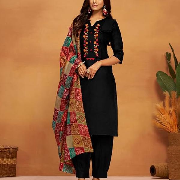 Women's Embroidered Mirror Work Cotton Straight Salwar Kurta Dupatta Set | Wedding Outfit | Ethnic Set | Outfit