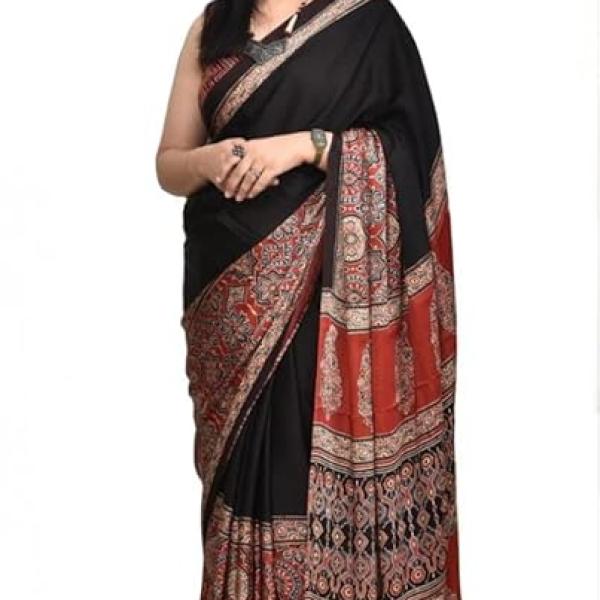 Womens Ajrakh Printed Modal Silk Natural Gajji Silk-soft Saree blouse unstitched