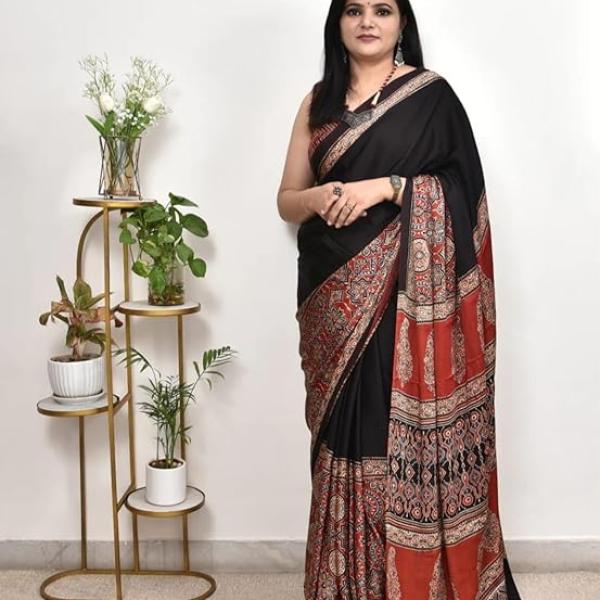 Womens Ajrakh Printed Modal Silk Natural Gajji Silk-soft Saree blouse unstitched