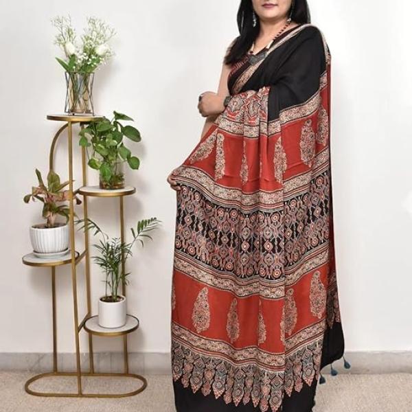 Womens Ajrakh Printed Modal Silk Natural Gajji Silk-soft Saree blouse unstitched