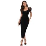 Women's Midi Length Sheer Polka Dot Puff Sleeves Square Neck Slim Fit