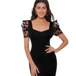 Women's Midi Length Sheer Polka Dot Puff Sleeves Square Neck Slim Fit