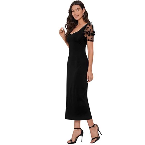 Women's Midi Length Sheer Polka Dot Puff Sleeves Square Neck Slim Fit