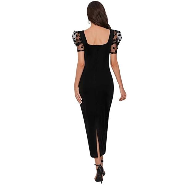 Women's Midi Length Sheer Polka Dot Puff Sleeves Square Neck Slim Fit