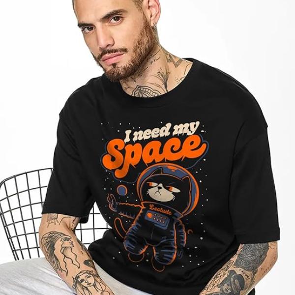 Half Sleeve Oversized Cotton blend Round Neck Drop Shoulder Printed Men's T-Shirt (Color Black)