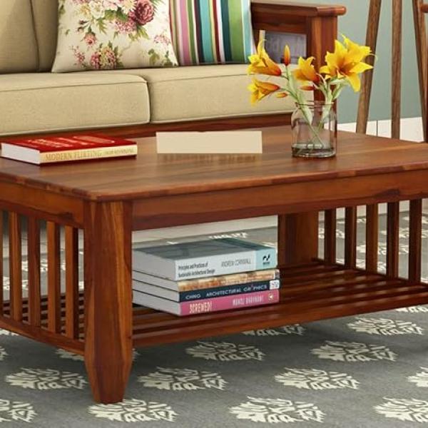 Wooden Center Coffee Table with Storage | Solid Sheesham Wood Centre Table