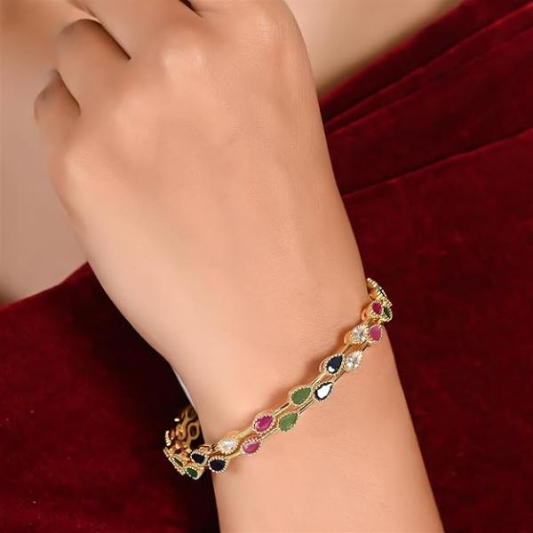 Gold Plated AD American Diamond Red Green Blue White Sleek Glass Fashion Chudi Bangles Set for Women/Girls