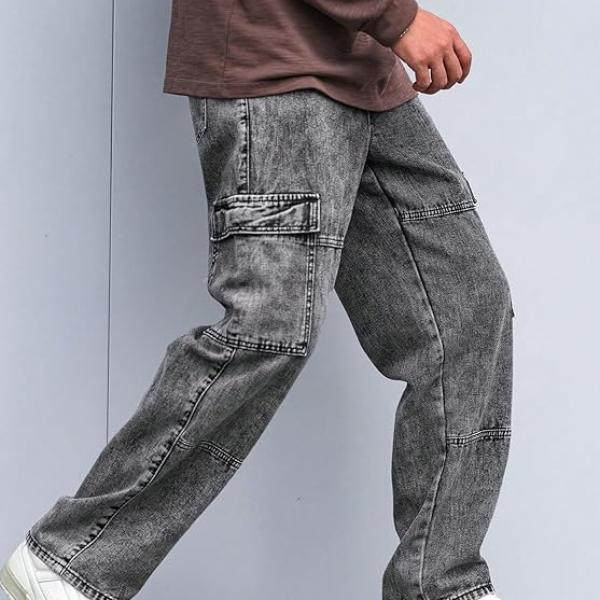 Jeans for Men | Denim Cargo Pants with Baggy Fit Utility Pockets & Streetwear Stitch Design