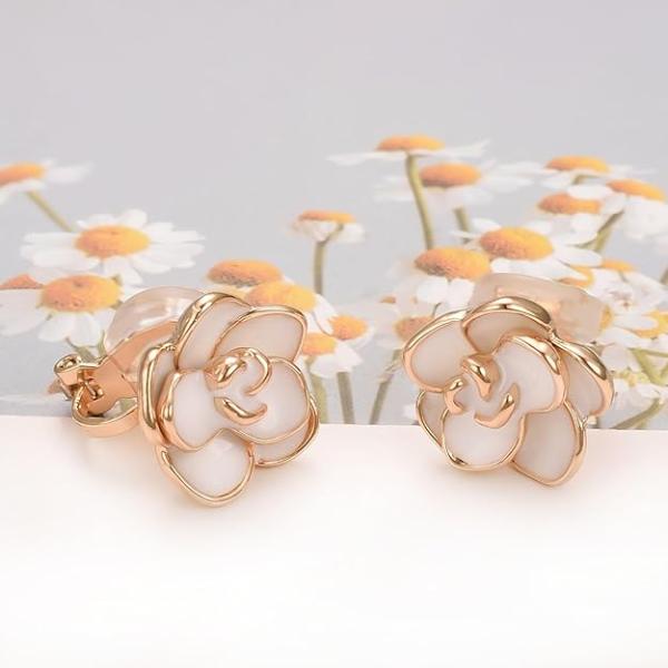 Rose Flower Clip on Earrings for Women 18K Gold Plated Dainty Non Pierced Ears Jewelry