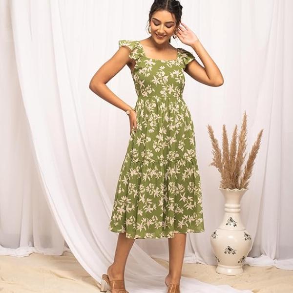 Women's Fit And Flare Knee Length Georgette Floral Printed Below The Knee Dress