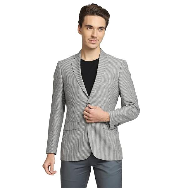 Men's Contemporary Fit Terry Rayon Blend Notch Collar Herringbone Pattern Full Sleeve Navy Casual Blazer