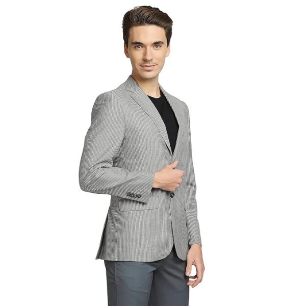 Men's Contemporary Fit Terry Rayon Blend Notch Collar Herringbone Pattern Full Sleeve Navy Casual Blazer