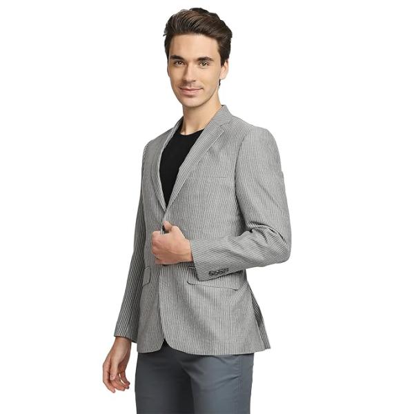 Men's Contemporary Fit Terry Rayon Blend Notch Collar Herringbone Pattern Full Sleeve Navy Casual Blazer