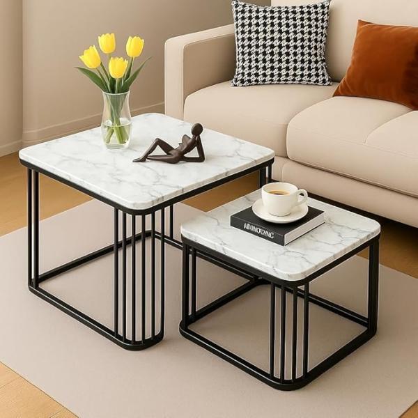 Iron Base Handmade Square 20"x20" & 18"x18" Table with Marble Textured MDF Top