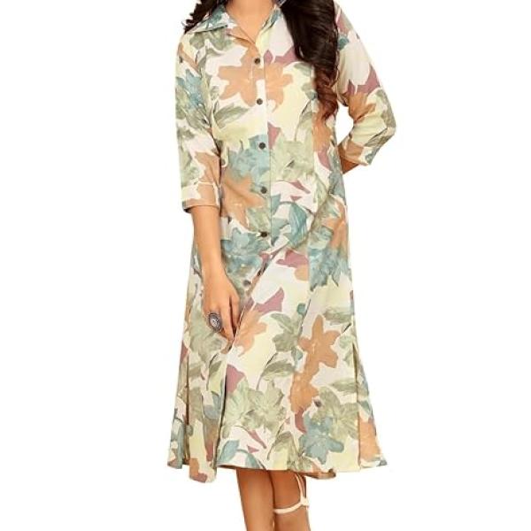 Line Dresses for Women Western Rayon Floral One Piece Dress for Women | Stylish Flared Roll Tab Sleeve