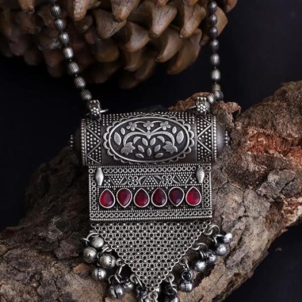 Oxidised Ruby Stone Pendant Mala Necklace for Women Girls