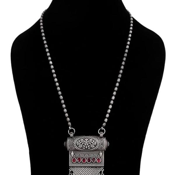 Oxidised Ruby Stone Pendant Mala Necklace for Women Girls