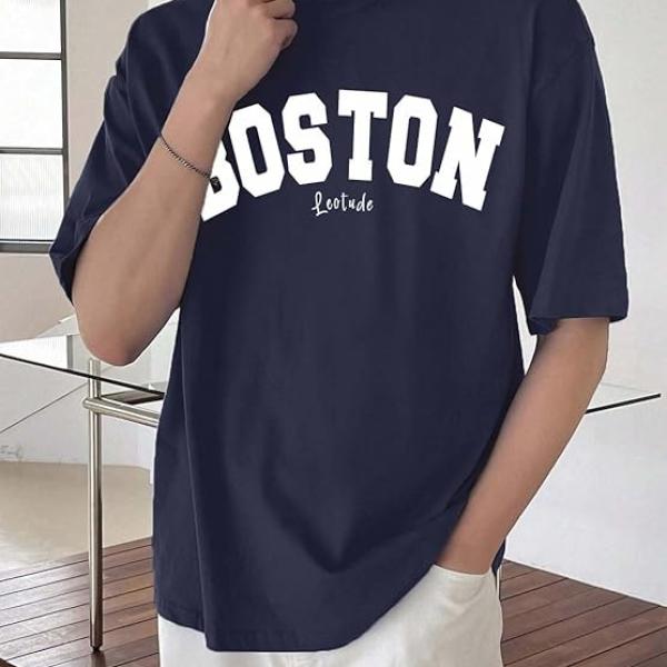 Man Cotton Blend Graphic Print Round Neck Half Sleeve Drop Shoulder Oversized T Shirt (Color Navy Blue)