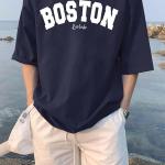 Man Cotton Blend Graphic Print Round Neck Half Sleeve Drop Shoulder Oversized T Shirt (Color Navy Blue)