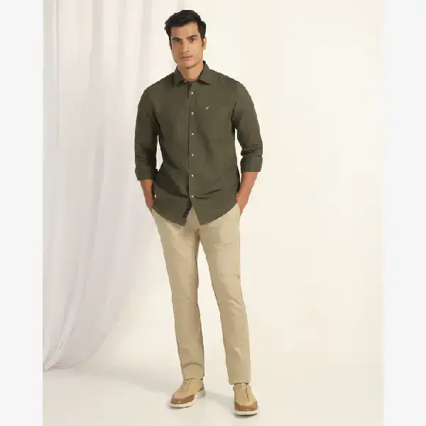 BLACKBERRYS-Linen Casual Half Sleeve Tan Solid Shirt - Salmon