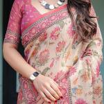 Handloom Cotton Floral Printed Saree with Tassels on Edges & Attached Blouse Piece | 5.5 Meter Saree + 0.8 Meter Blouse