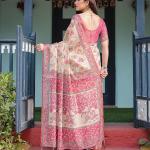 Handloom Cotton Floral Printed Saree with Tassels on Edges & Attached Blouse Piece | 5.5 Meter Saree + 0.8 Meter Blouse