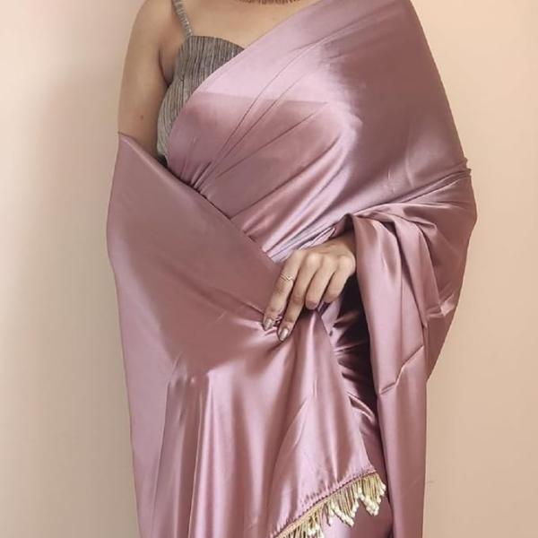 Women's Ready to Wear Rose Gold Satin Silk 1 Minute Pre Pleated Heavy Saree with Hand Work Tassels