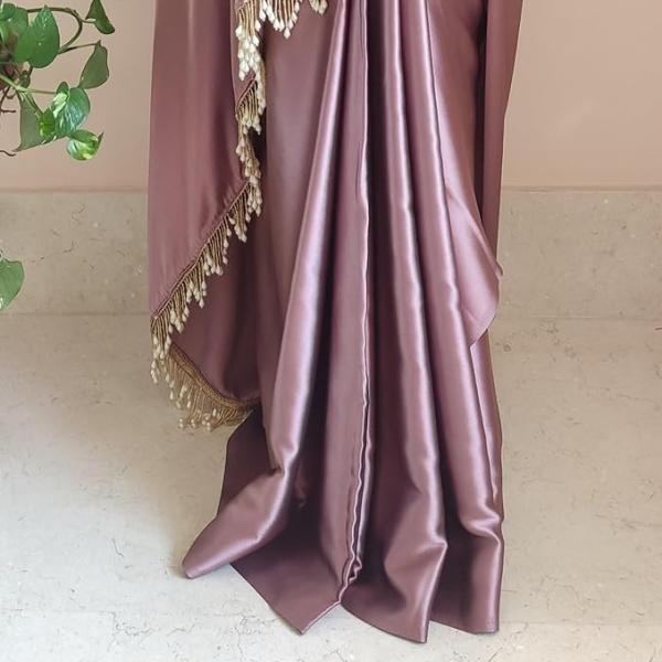 Women's Ready to Wear Rose Gold Satin Silk 1 Minute Pre Pleated Heavy Saree with Hand Work Tassels