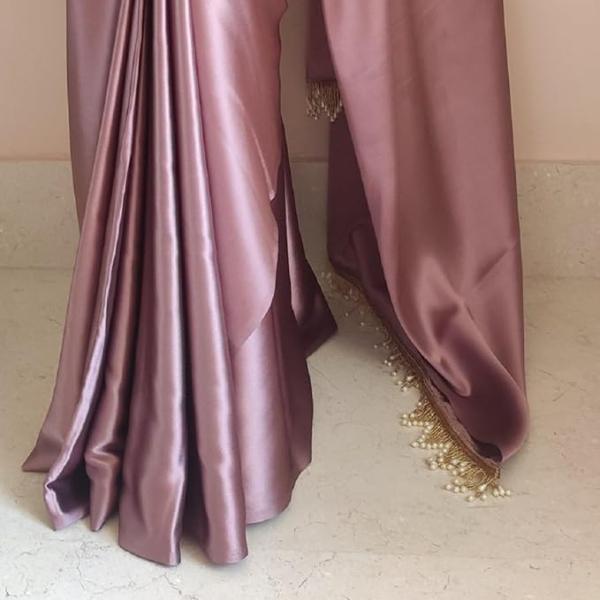 Women's Ready to Wear Rose Gold Satin Silk 1 Minute Pre Pleated Heavy Saree with Hand Work Tassels