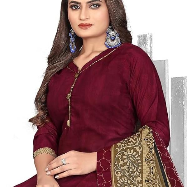 Red Cotton Blend Printed Salwar Suit