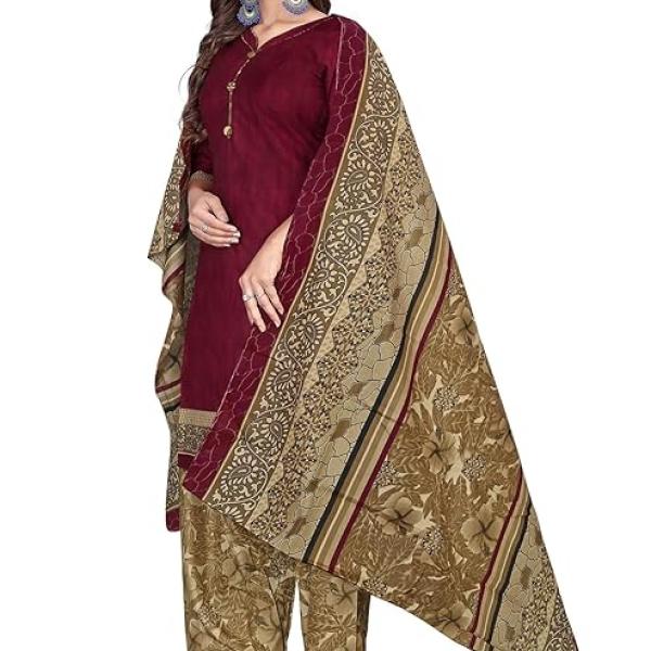 Red Cotton Blend Printed Salwar Suit