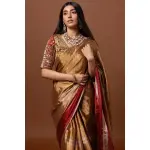 SEASONS-GOLD AND RED CLASSIC SAREE SET PAIRED WITH A MATCHING HAND EMBROIDERED BLOUSE AND MIRROR DETAILS.