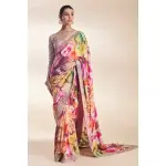 Seasons-Wine Purple Multi Coloured Printed Classic Saree Set Paired With A Zari Embroidered Pink Blouse And Border With Silver And Sequinned Embellishments.