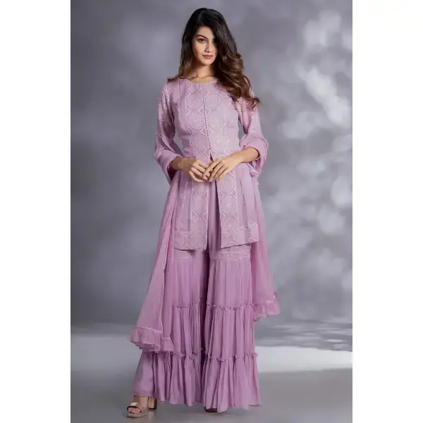 SEASONS-PINKISH PURPLE TIERED SHARARA SET WITH A CHIKAN KURTA TOP WITH BELL SLEEVES PAIRED WITH A MATCHING DUPATTA