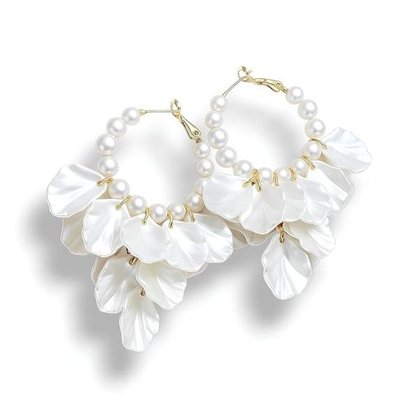 Trendy White Shell Petal Acrylic Crack Flower Pearl Beaded Hoop Earrings For Women & Girls Stylish