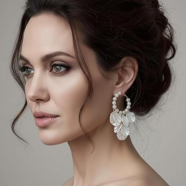 Trendy White Shell Petal Acrylic Crack Flower Pearl Beaded Hoop Earrings For Women & Girls Stylish