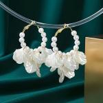 Trendy White Shell Petal Acrylic Crack Flower Pearl Beaded Hoop Earrings For Women & Girls Stylish