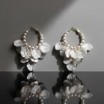 Trendy White Shell Petal Acrylic Crack Flower Pearl Beaded Hoop Earrings For Women & Girls Stylish